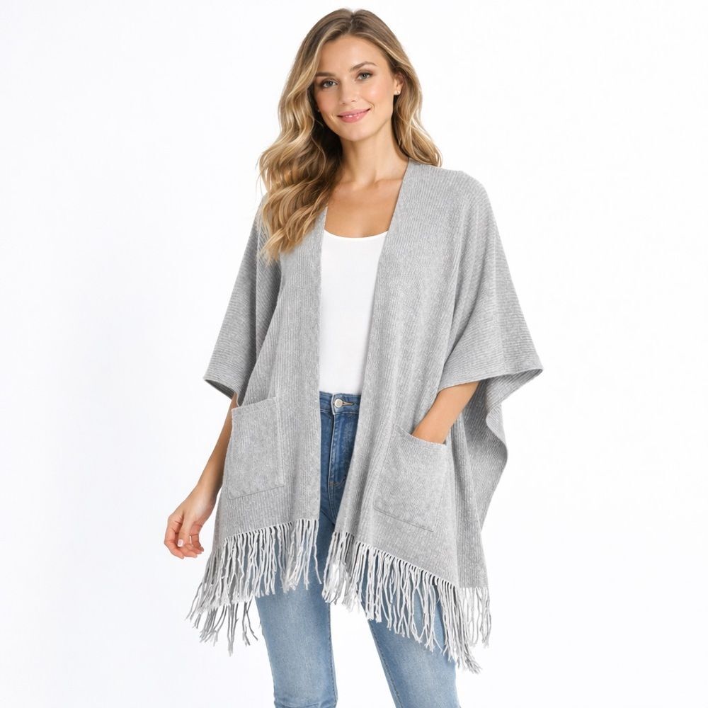 Steve Madden Marl Knit Lagenlook Cardigan Wrap Gray Fringe Old Money Boho OS